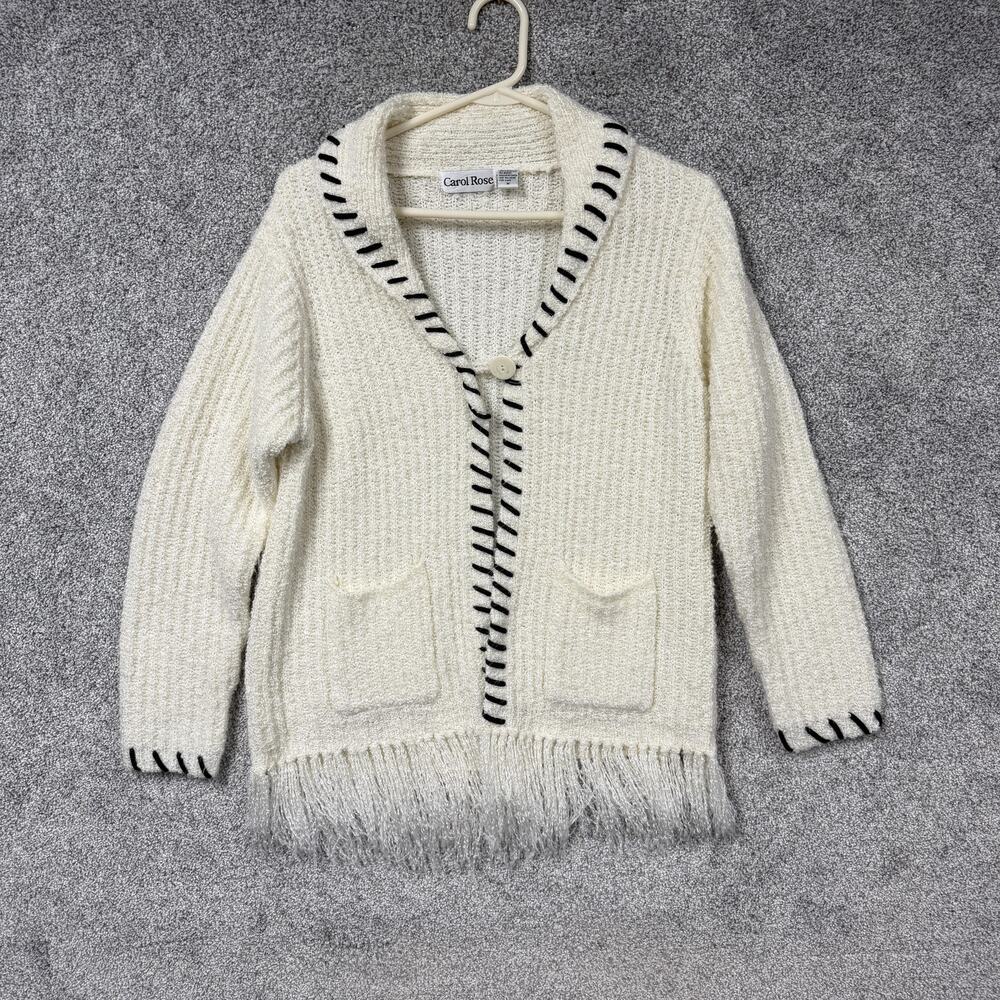 Carol Rose Cardigan Sweater Womens M Cream Fringe Knit Boho Festival Coquette